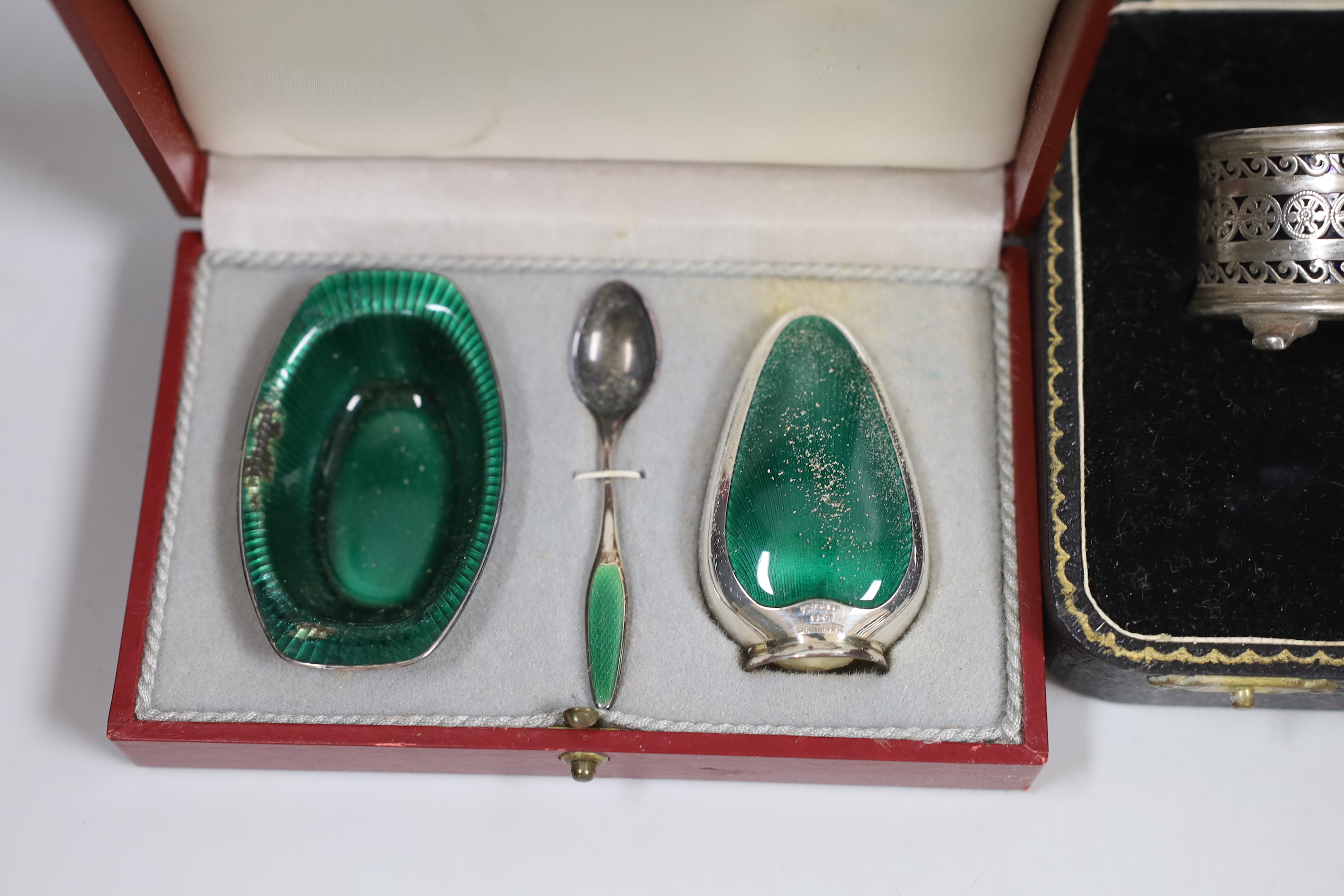 A modern cased silver three piece condiment set, a similar Danish enamelled sterling set (a.f.) and three other condiments including Chinese.